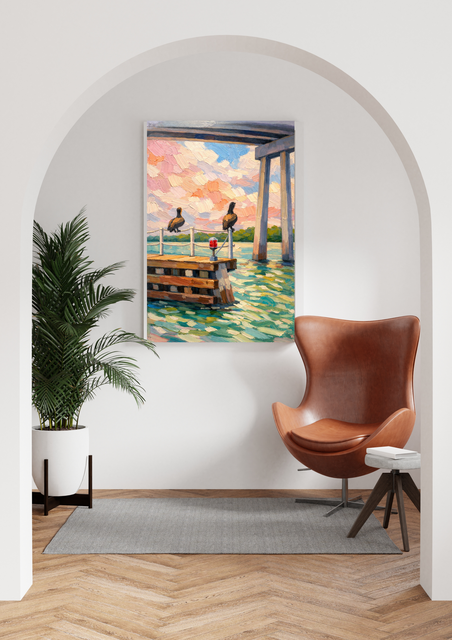 Coastal Pelican Wall Art – Impressionist Pier Painting, Beach Scene Canvas Print