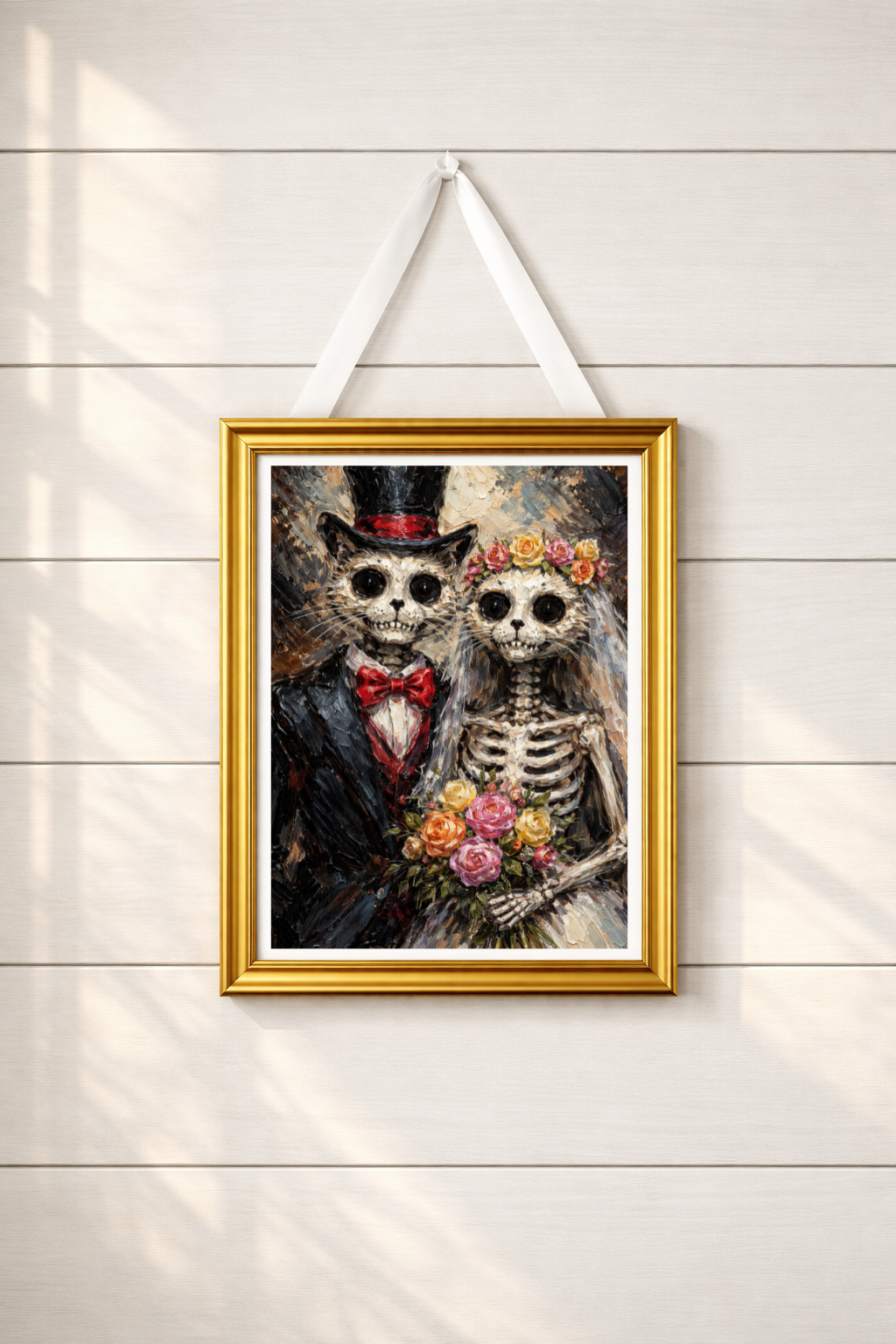 Cat Skeleton Print Rolled Poster Oil Painting Print Skeleton Couple Macabre Cat Design Dark Wedding Decor Skeleton Halloween Wedding Gift