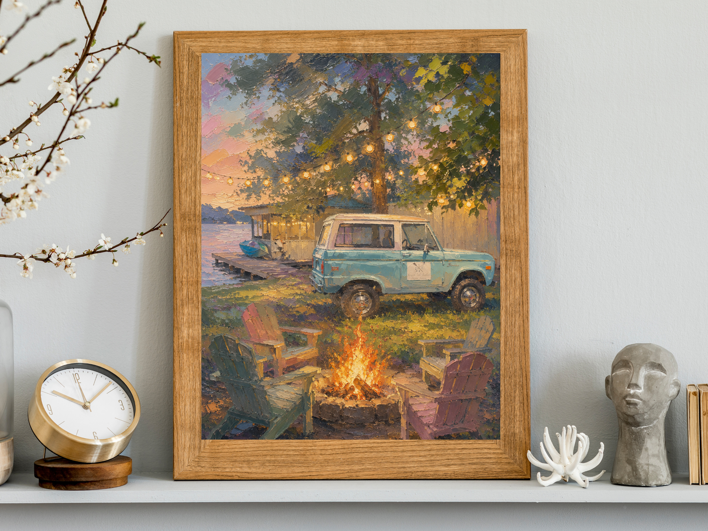 Summer Lake Home Oil Painting Print Cozy Cabin Art Print Lake House Bonfire Bronco Summer Vacation Art Print Cabin Decor Gallery Wall Art