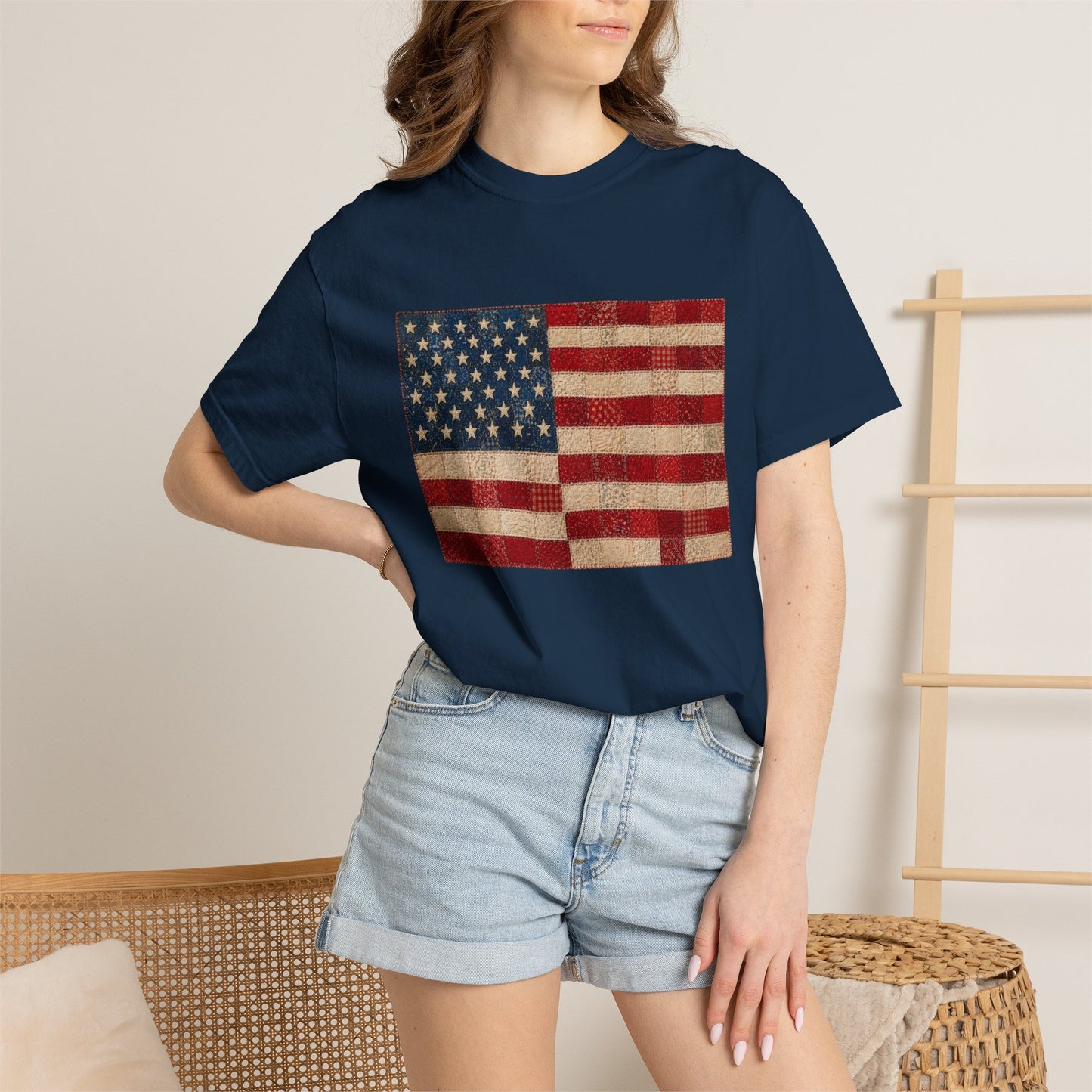 Comfort Colors Printed Faux Quilted Flag Shirt USA Graphic Shirt Red White Blue Tee America 250 Shirt