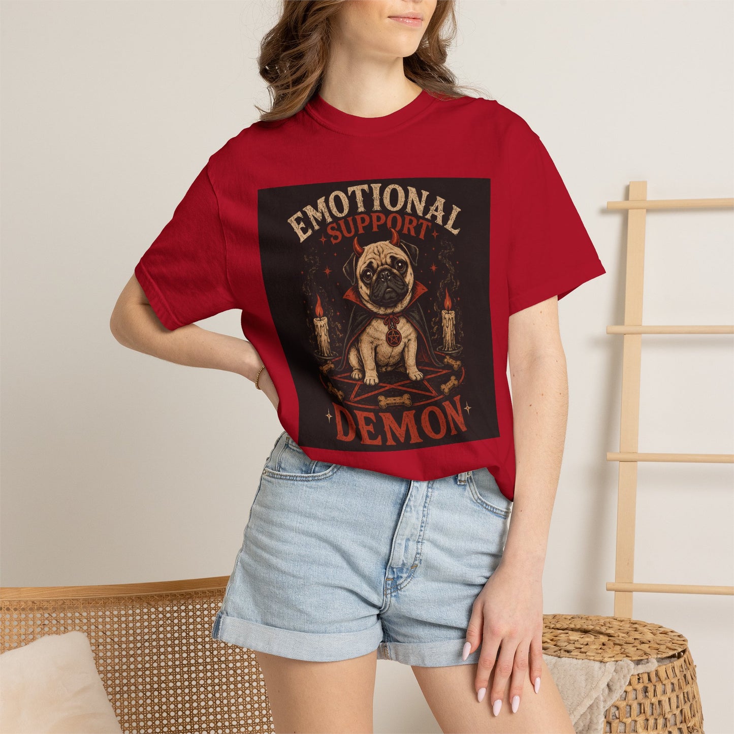 Emotional Support Demon Pug Tee | Funny Halloween Shirt for Dog Lovers | Cute Goth Devil Pug T-Shirt | Spooky Season Graphic Tee