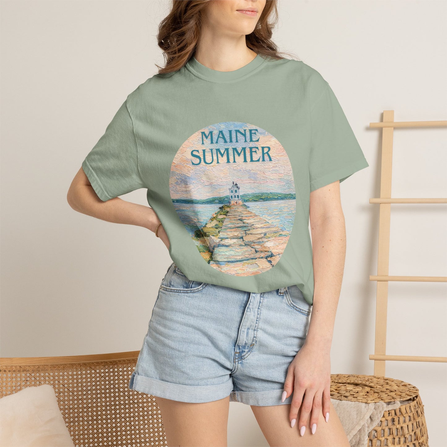 Pastel Coastal Lighthouse Graphic T-Shirt – Aesthetic Beach Scene Art Tee for Ocean Lovers