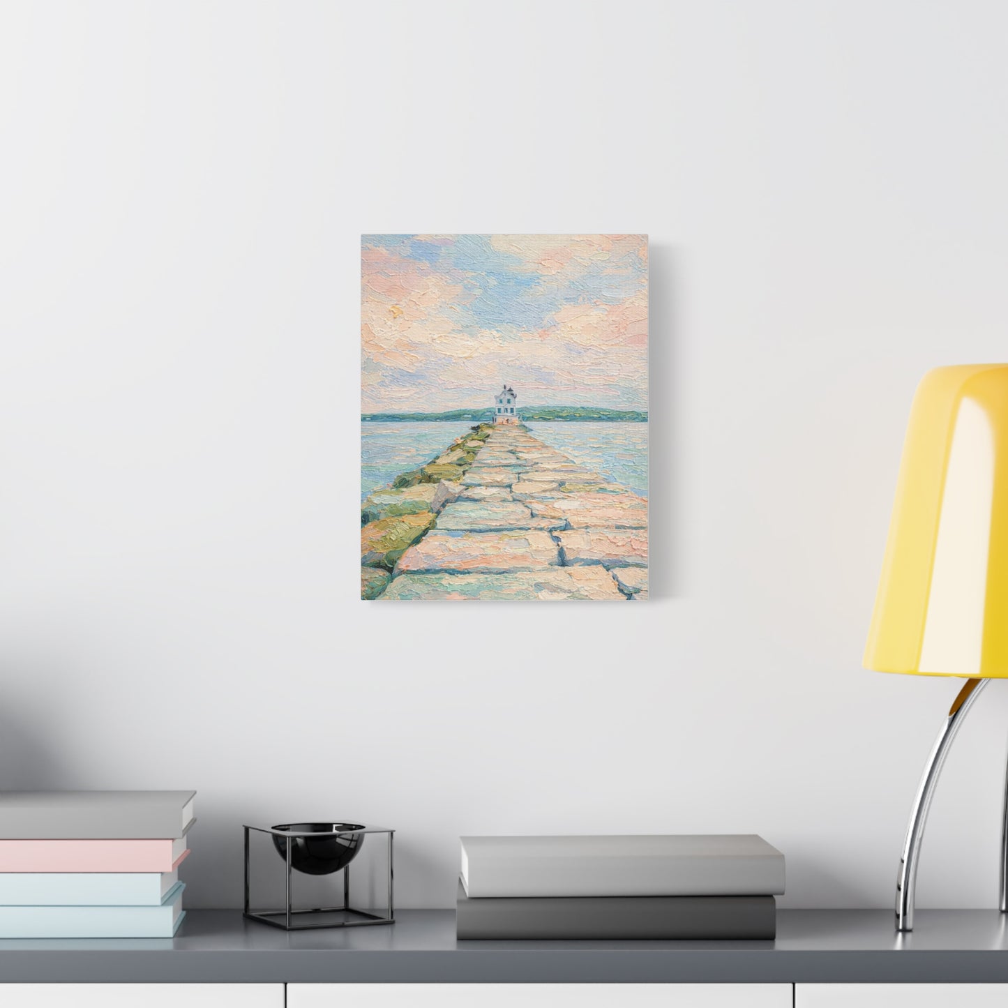 Maine Jetty | pastel coastal lighthouse canvas wall art serene beach scene