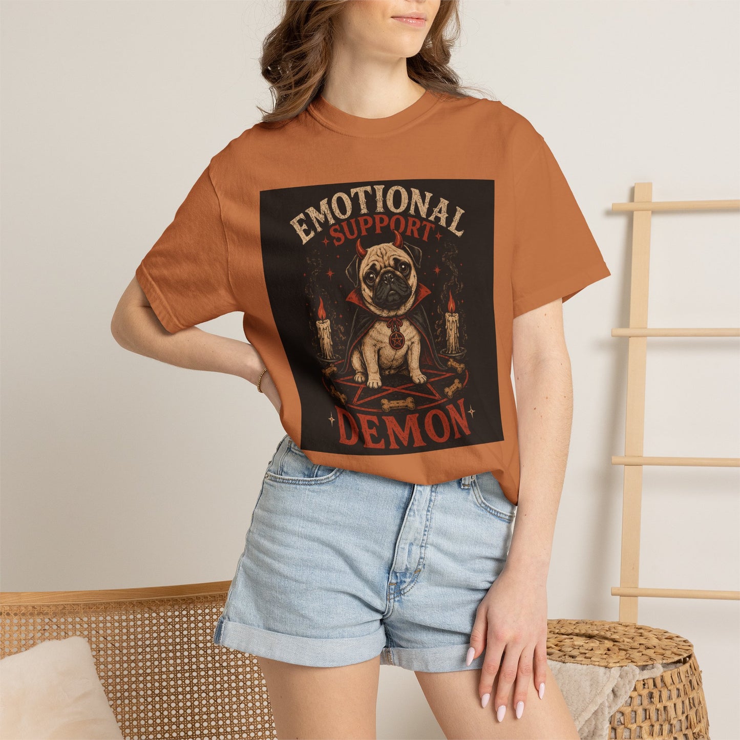 Emotional Support Demon Pug Tee | Funny Halloween Shirt for Dog Lovers | Cute Goth Devil Pug T-Shirt | Spooky Season Graphic Tee