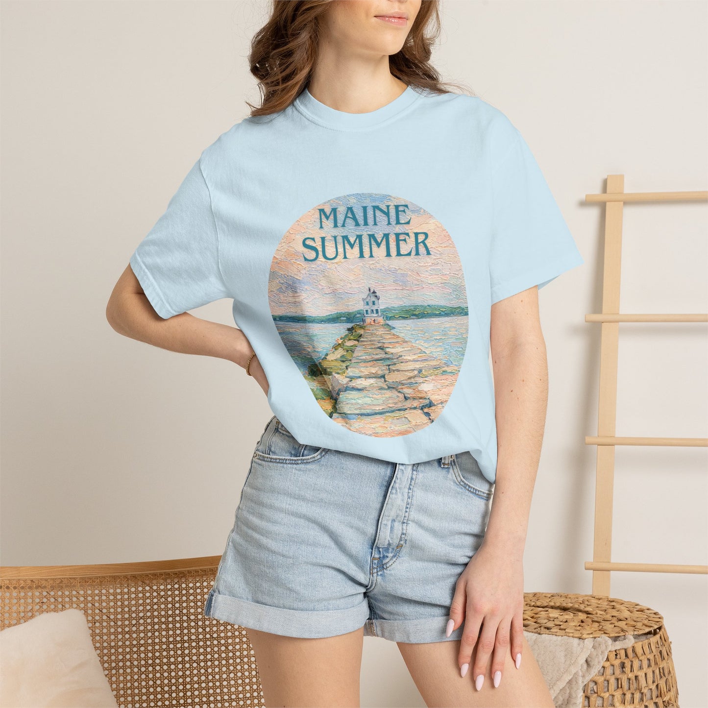 Pastel Coastal Lighthouse Graphic T-Shirt – Aesthetic Beach Scene Art Tee for Ocean Lovers