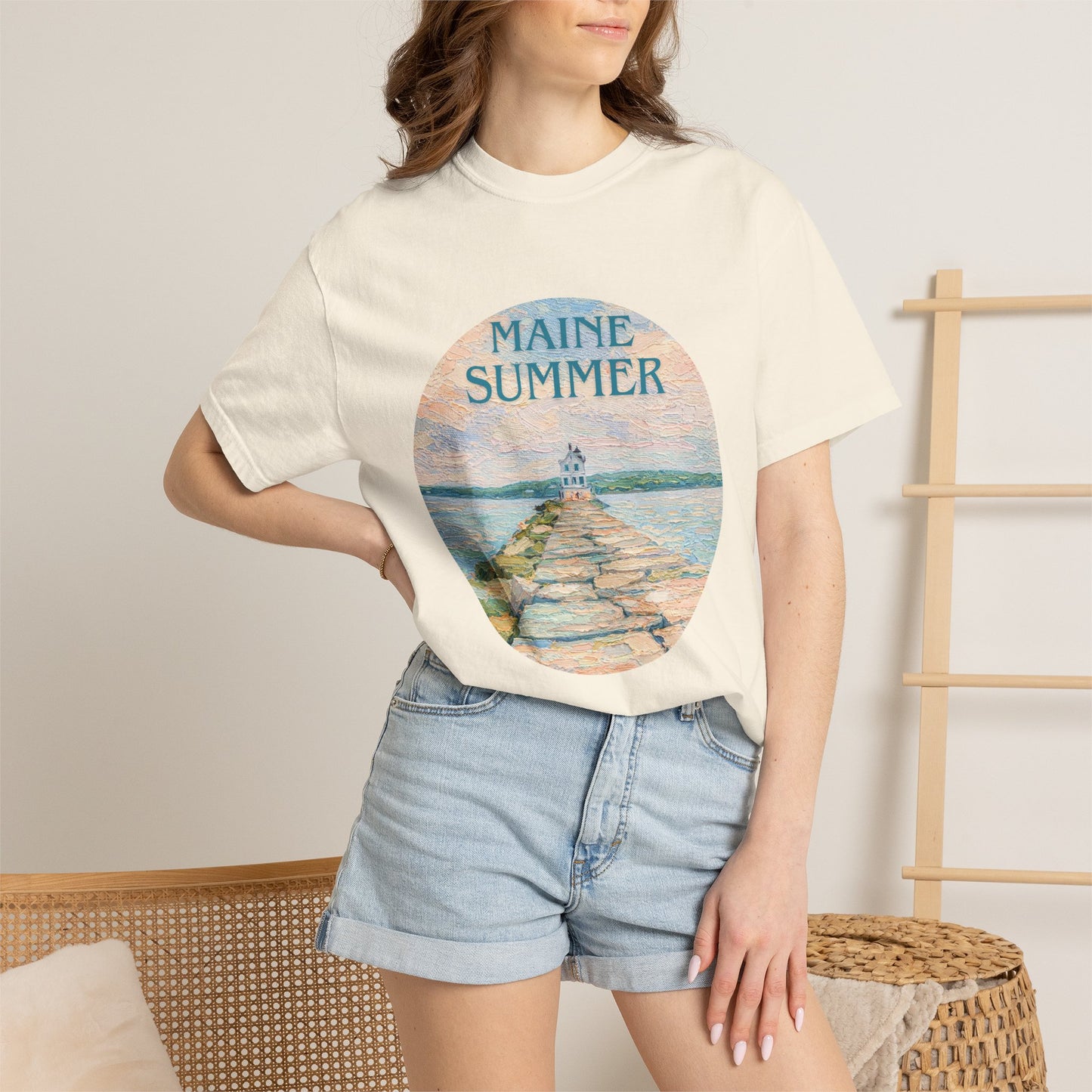 Pastel Coastal Lighthouse Graphic T-Shirt – Aesthetic Beach Scene Art Tee for Ocean Lovers