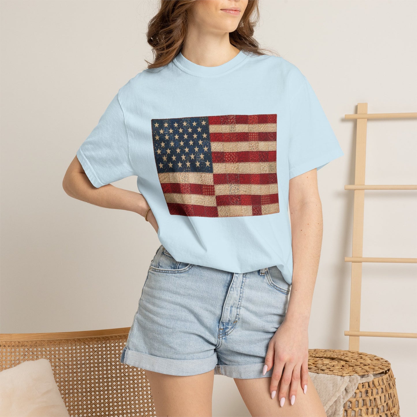 Comfort Colors Printed Faux Quilted Flag Shirt USA Graphic Shirt Red White Blue Tee America 250 Shirt