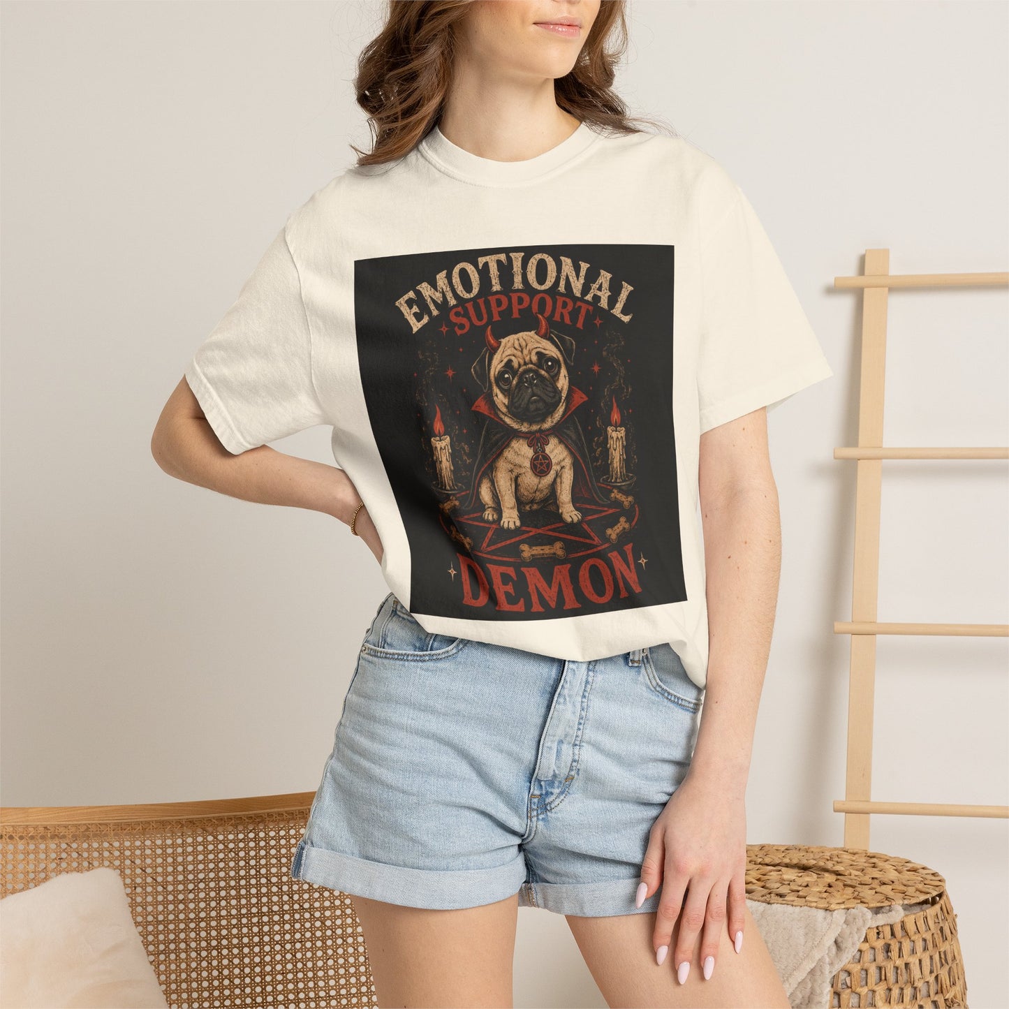 Emotional Support Demon Pug Tee | Funny Halloween Shirt for Dog Lovers | Cute Goth Devil Pug T-Shirt | Spooky Season Graphic Tee