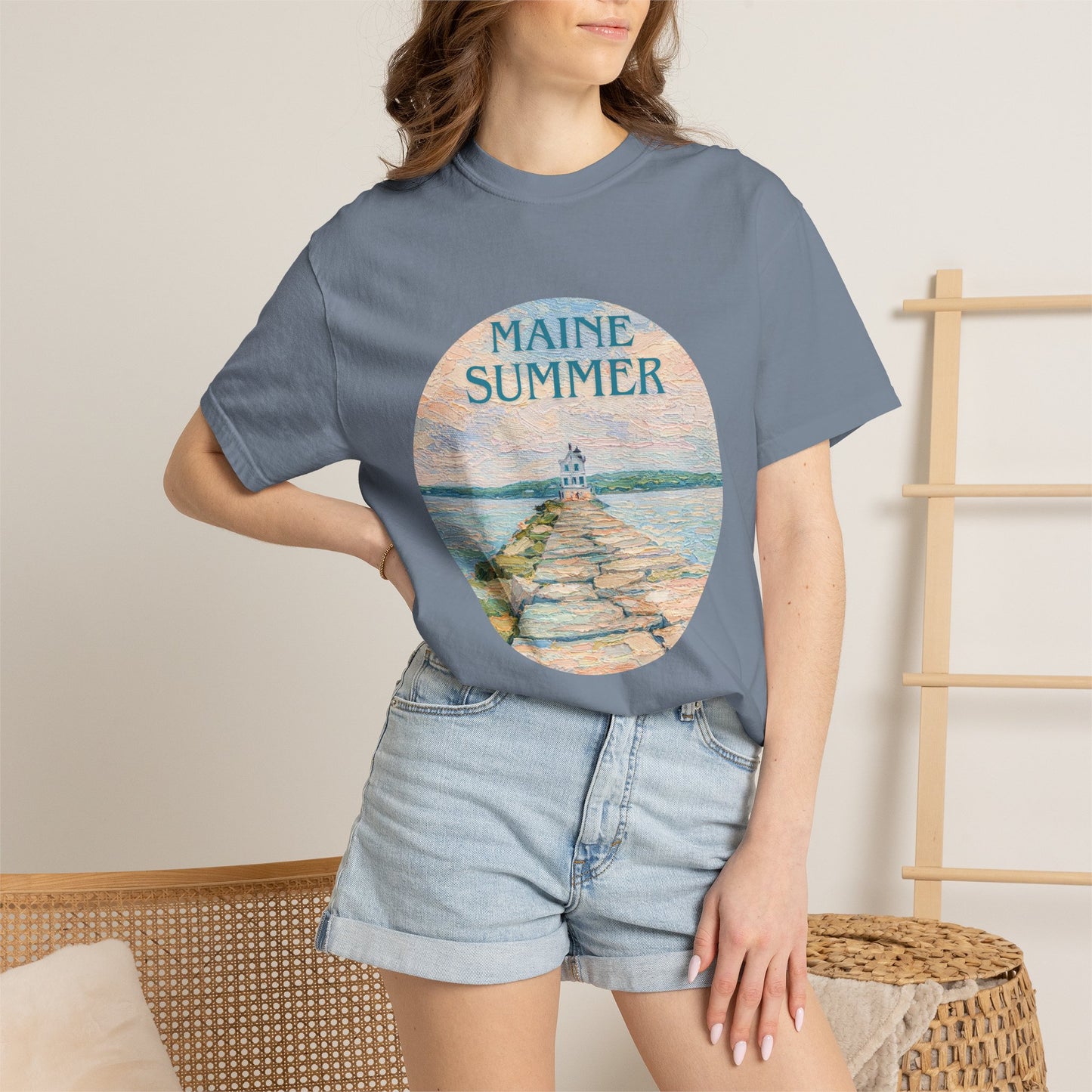 Pastel Coastal Lighthouse Graphic T-Shirt – Aesthetic Beach Scene Art Tee for Ocean Lovers