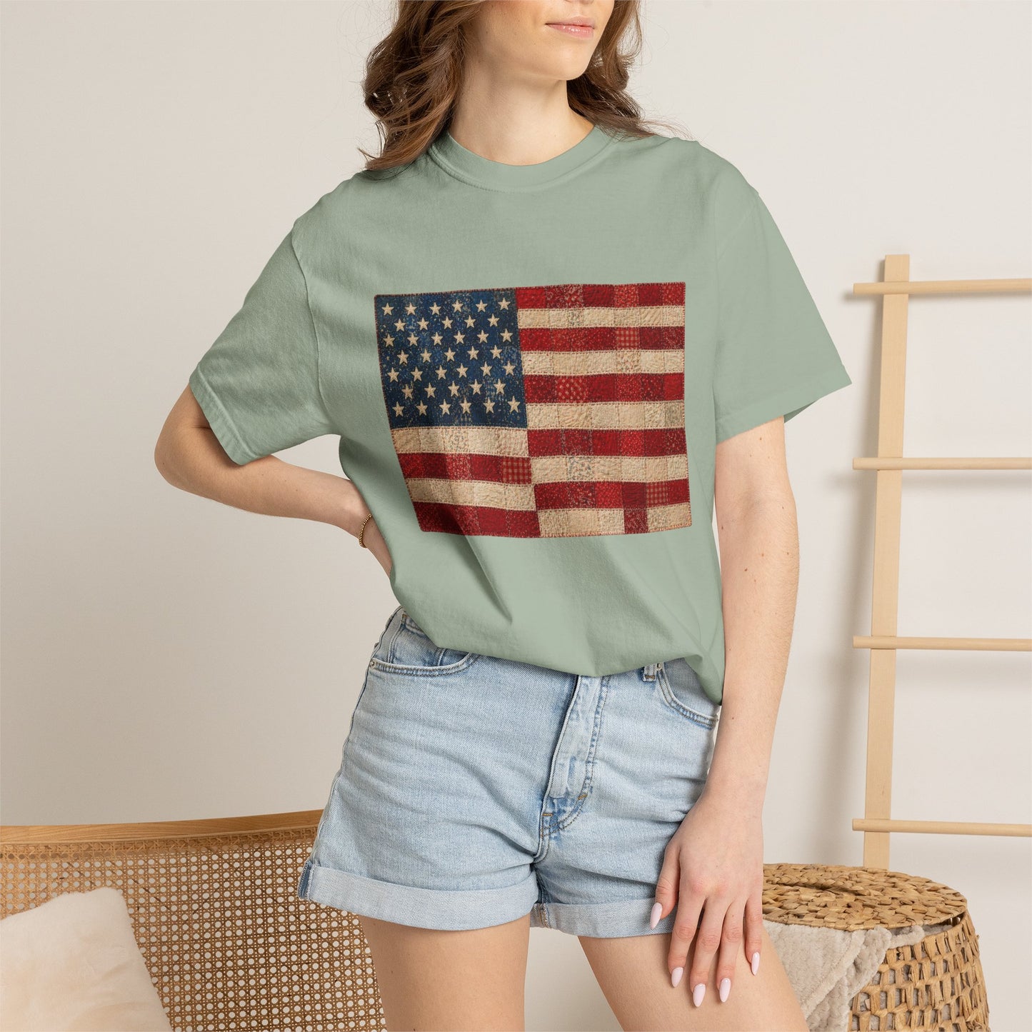 Comfort Colors Printed Faux Quilted Flag Shirt USA Graphic Shirt Red White Blue Tee America 250 Shirt