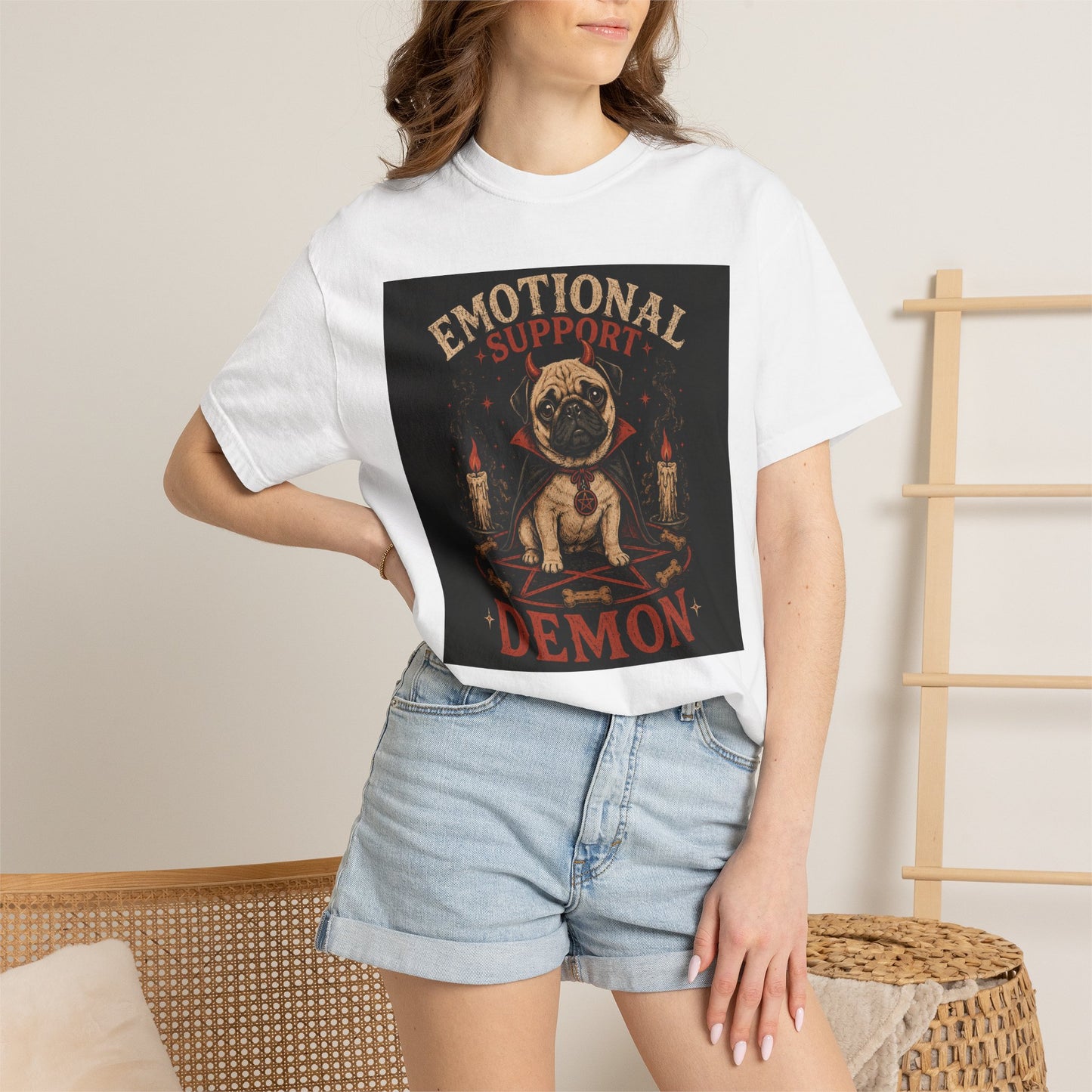 Emotional Support Demon Pug Tee | Funny Halloween Shirt for Dog Lovers | Cute Goth Devil Pug T-Shirt | Spooky Season Graphic Tee