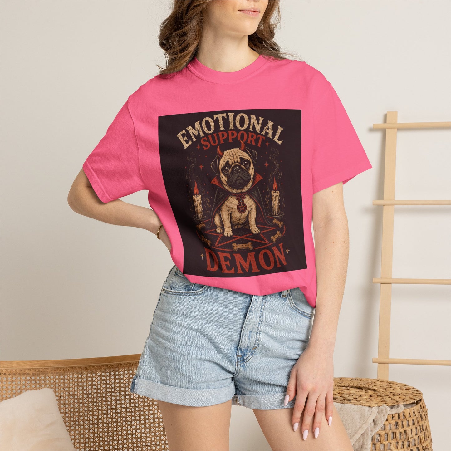 Emotional Support Demon Pug Tee | Funny Halloween Shirt for Dog Lovers | Cute Goth Devil Pug T-Shirt | Spooky Season Graphic Tee