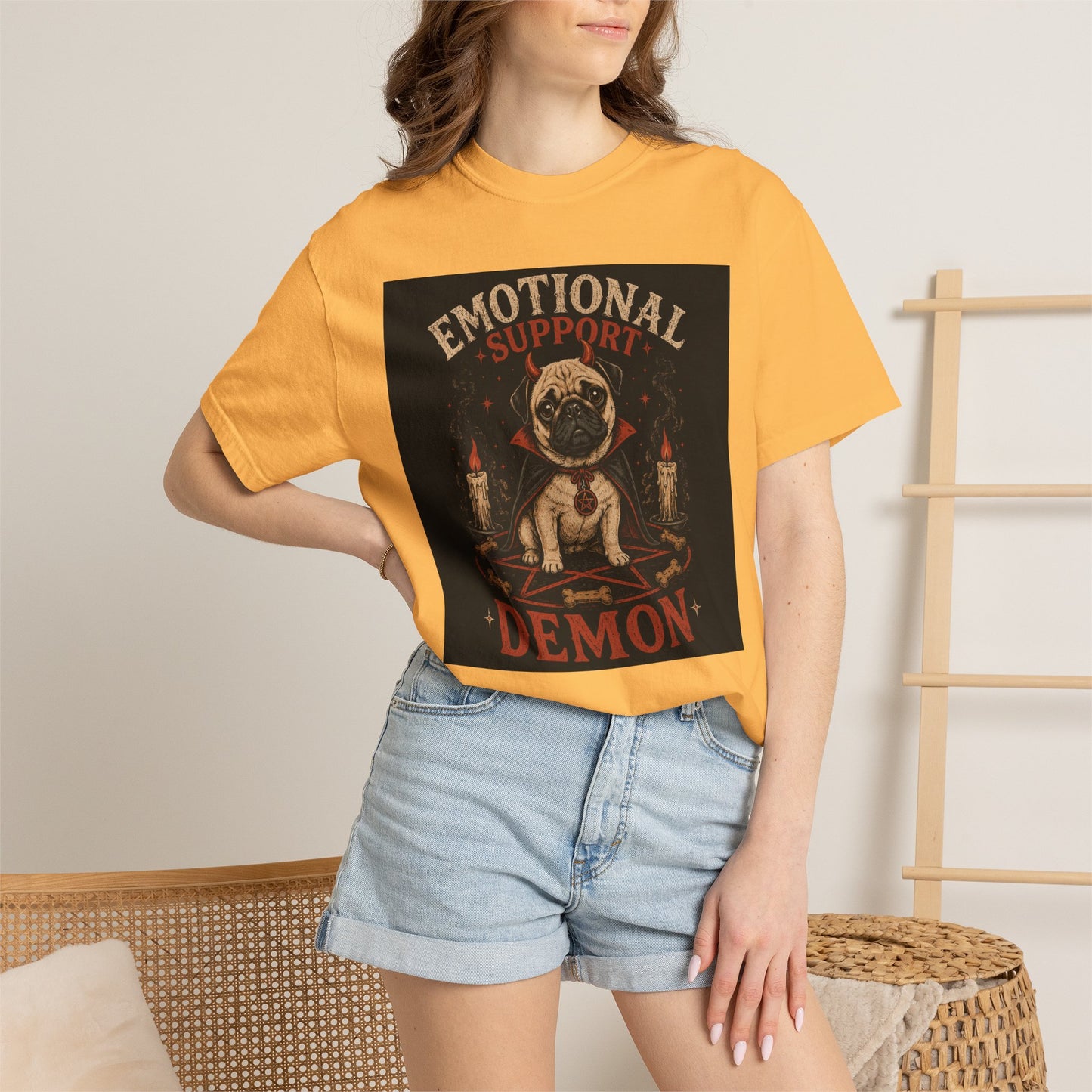 Emotional Support Demon Pug Tee | Funny Halloween Shirt for Dog Lovers | Cute Goth Devil Pug T-Shirt | Spooky Season Graphic Tee