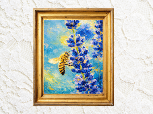 Floral Bee oil painting print, bee-print, vintage bee print, cottagecorer art, illustrated insect, garden decorator bee lovers gift