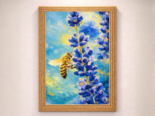 Floral Bee oil painting print, bee-print, vintage bee print, cottagecorer art, illustrated insect, garden decorator bee lovers gift