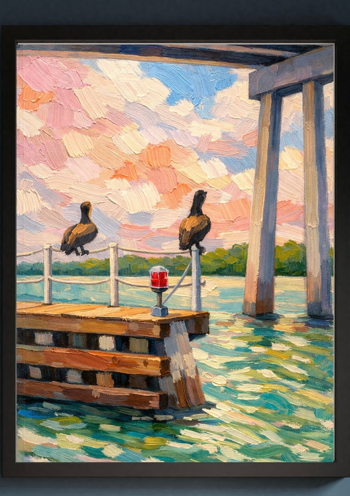 Coastal Pelican Wall Art – Impressionist Pier Painting, Beach Scene Canvas Print