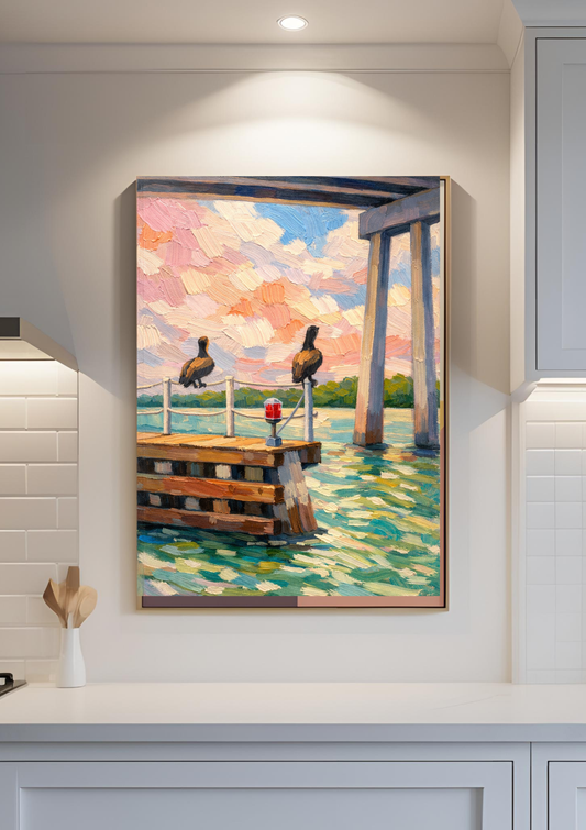 Coastal Pelican Wall Art – Impressionist Pier Painting, Beach Scene Canvas Print