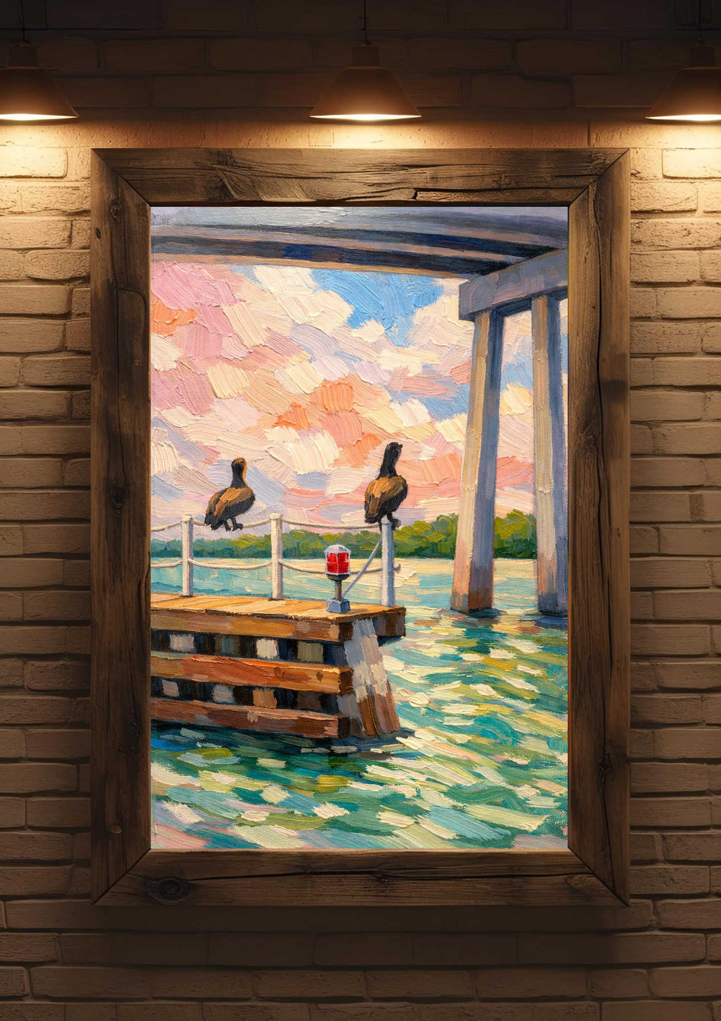 Coastal Pelican Wall Art – Impressionist Pier Painting, Beach Scene Canvas Print