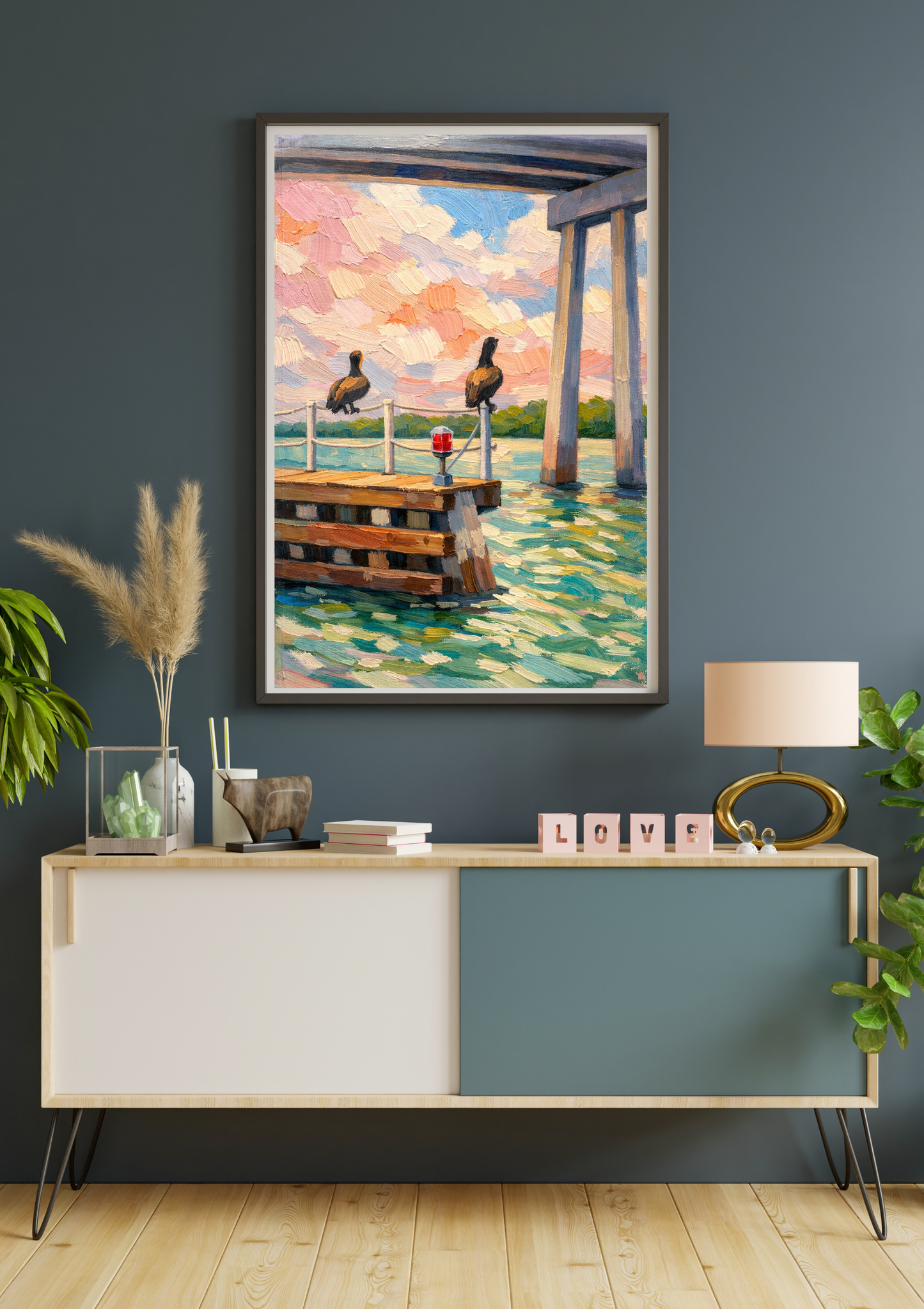 Coastal Pelican Wall Art – Impressionist Pier Painting, Beach Scene Canvas Print