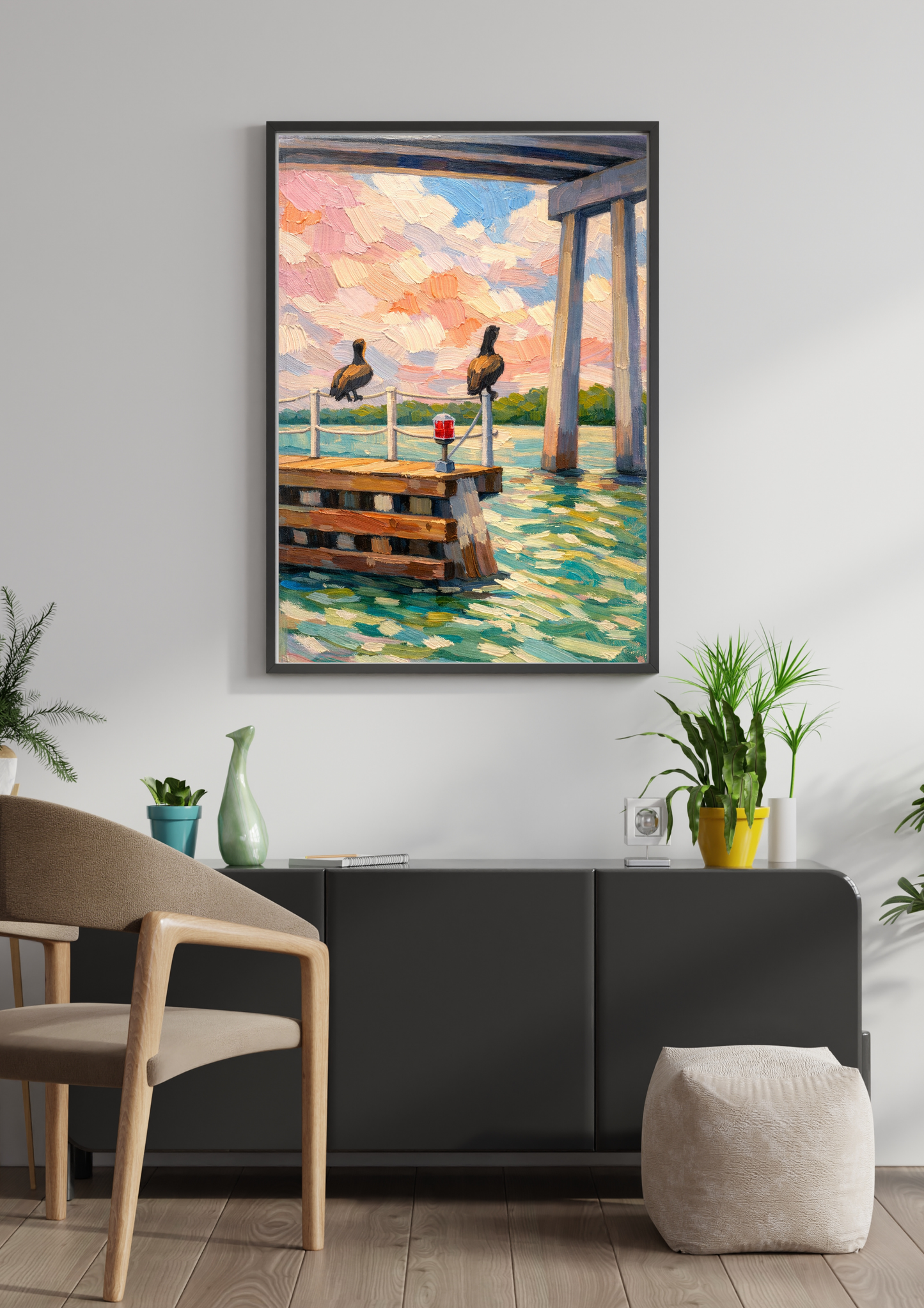 Coastal Pelican Wall Art – Impressionist Pier Painting, Beach Scene Canvas Print