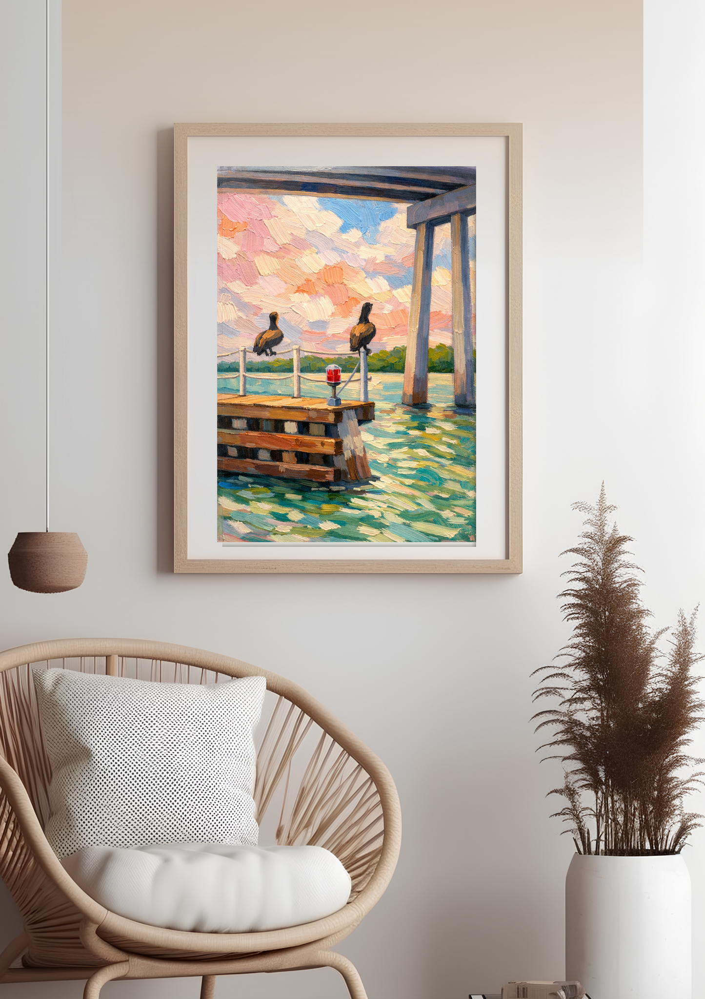 Coastal Pelican Wall Art – Impressionist Pier Painting, Beach Scene Canvas Print