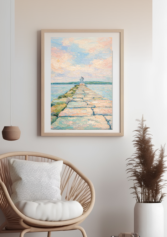 Maine Jetty | pastel coastal lighthouse wall art  serene beach scene