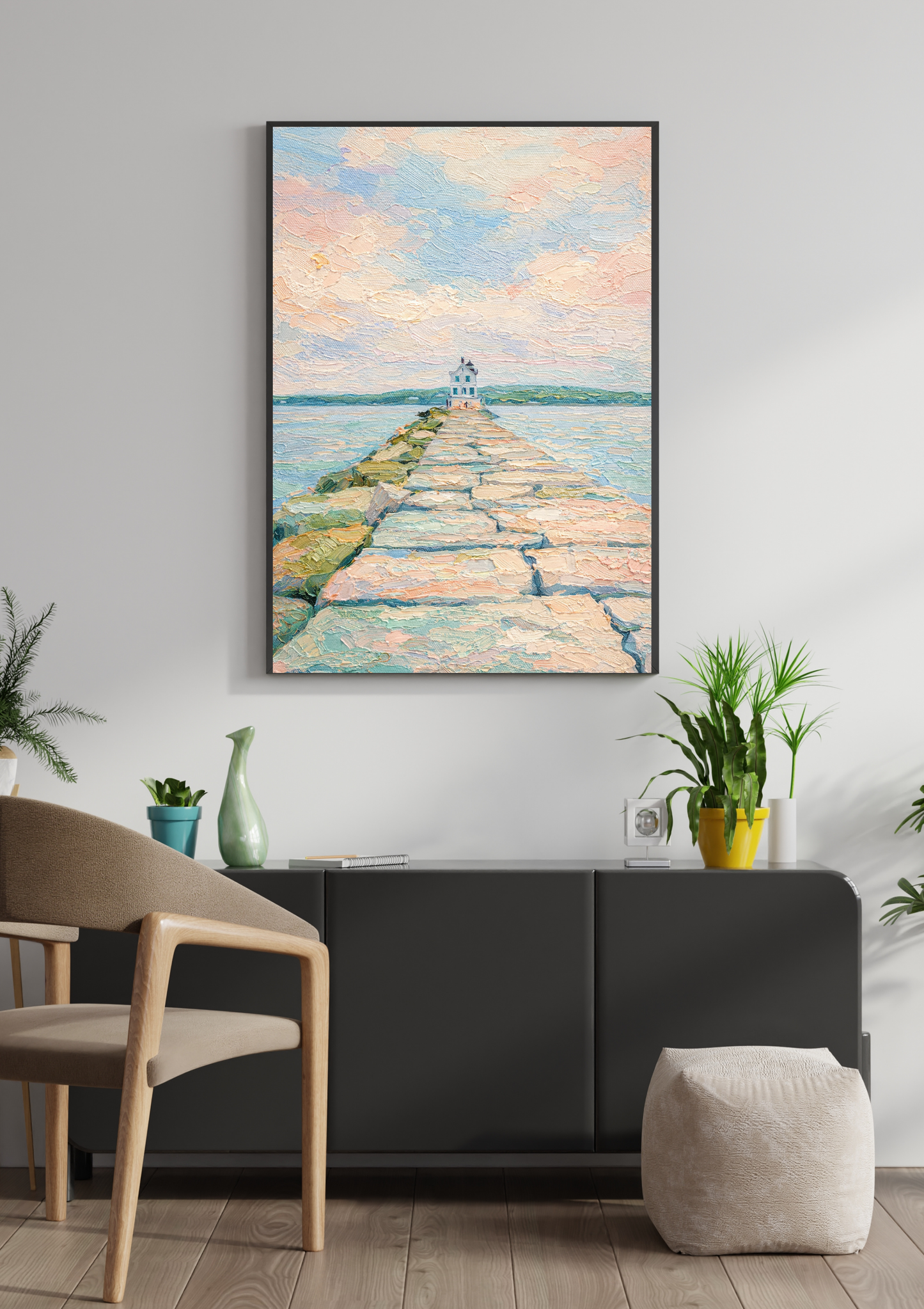 Maine Jetty | pastel coastal lighthouse wall art  serene beach scene