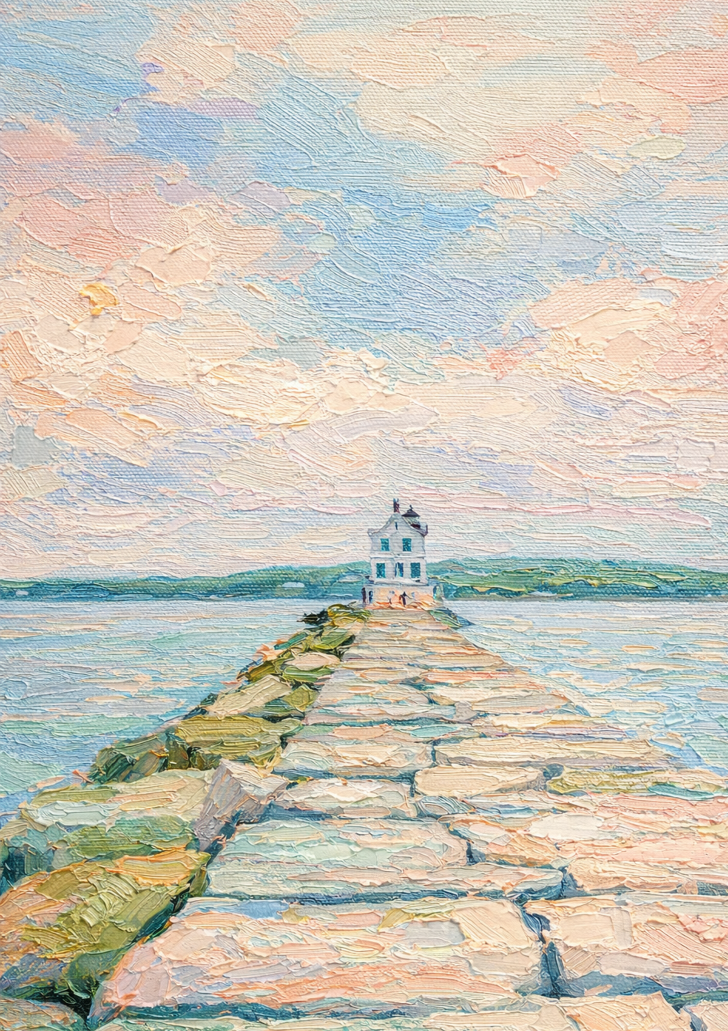 Maine Jetty | pastel coastal lighthouse wall art  serene beach scene