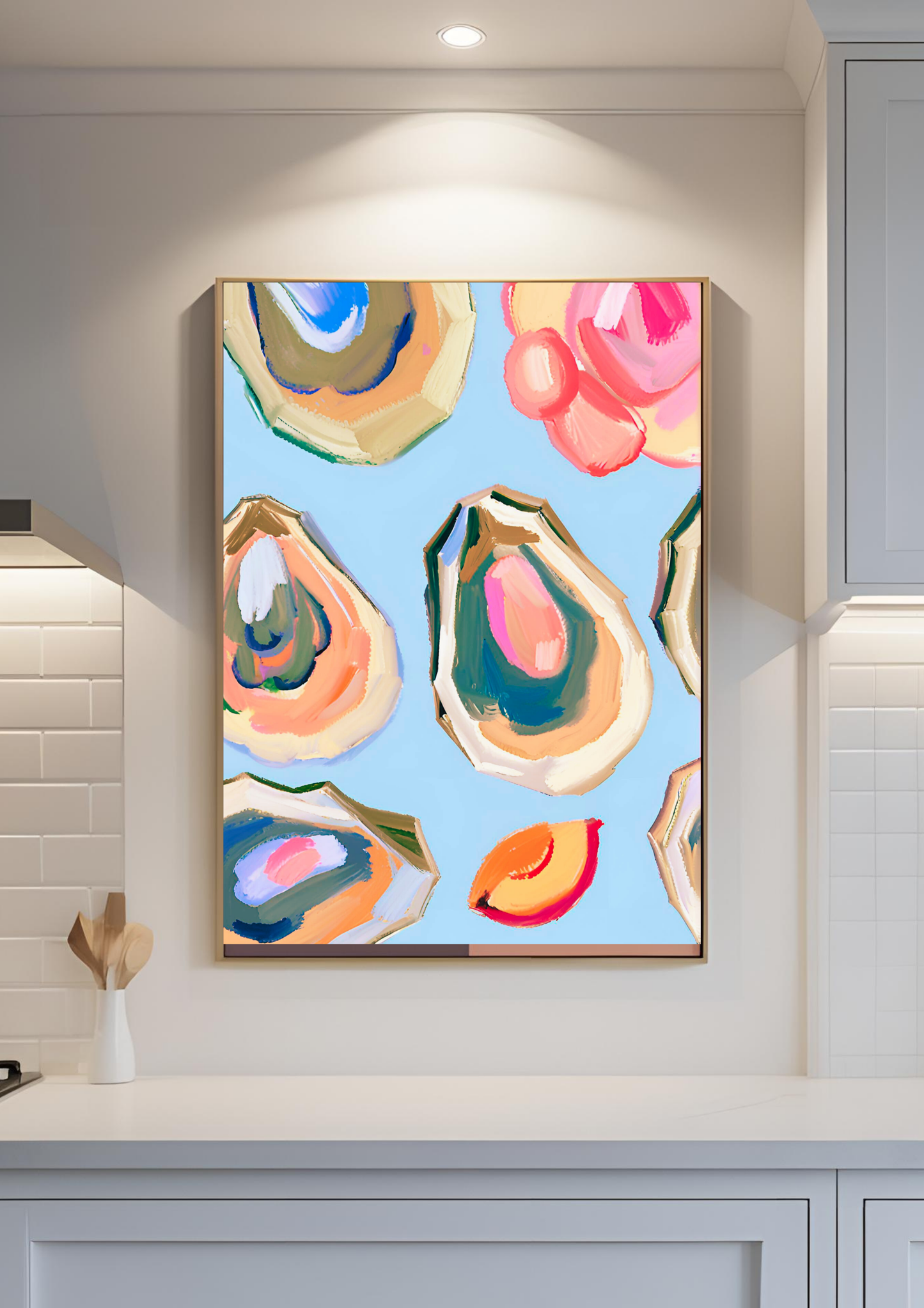 Blue Oysters Art Poster Nautical Kitchen Art Navy Blue Oyster Shell Wall Art Print Coastal Watercolor Shell Pattern | Beach House Decor