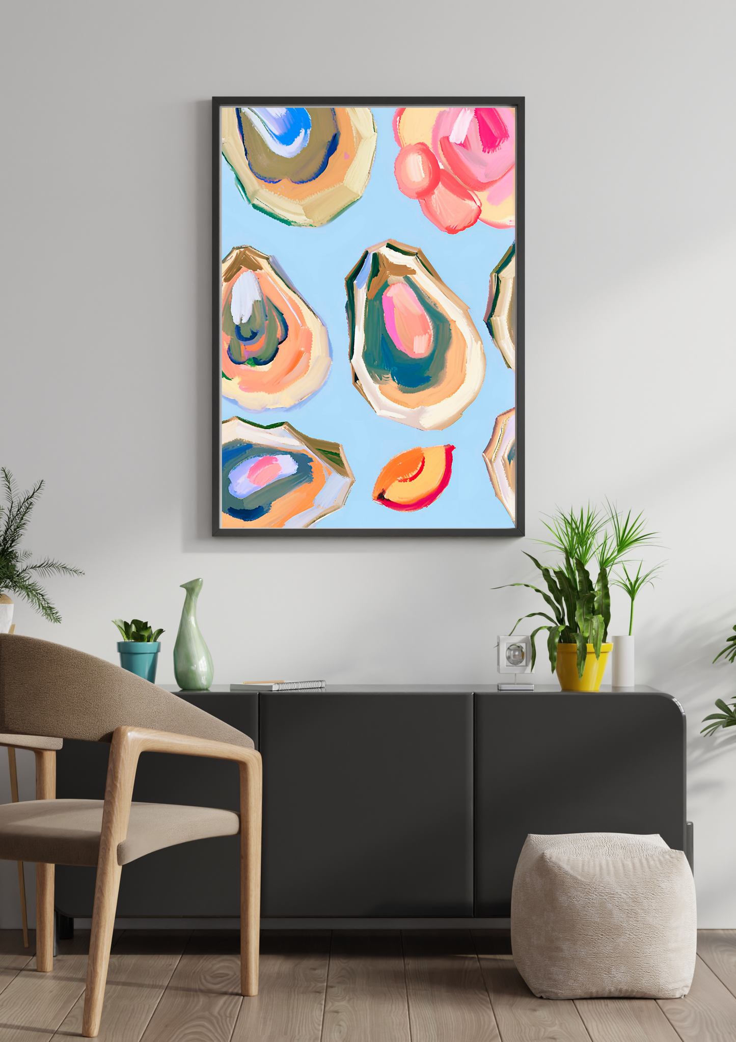 Blue Oysters Art Poster Nautical Kitchen Art Navy Blue Oyster Shell Wall Art Print Coastal Watercolor Shell Pattern | Beach House Decor