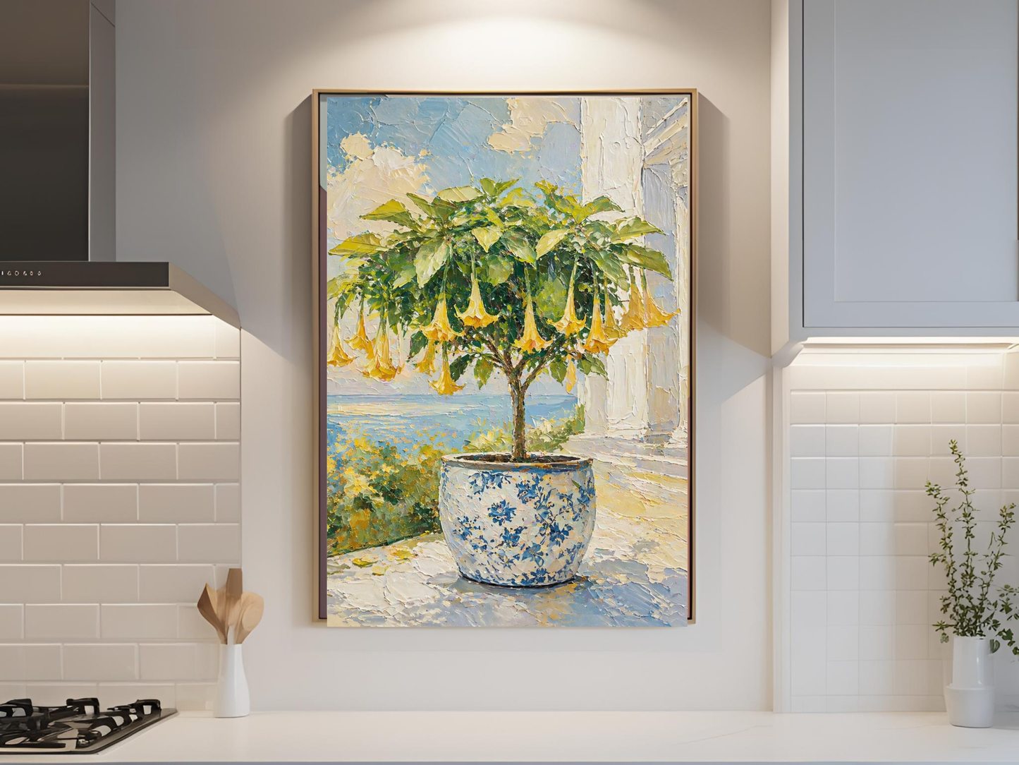 Yellow Trumpet Flowering Tree Art Print Rolled Poster | Blue Chinoiserie Pot | Flowering Tree Print