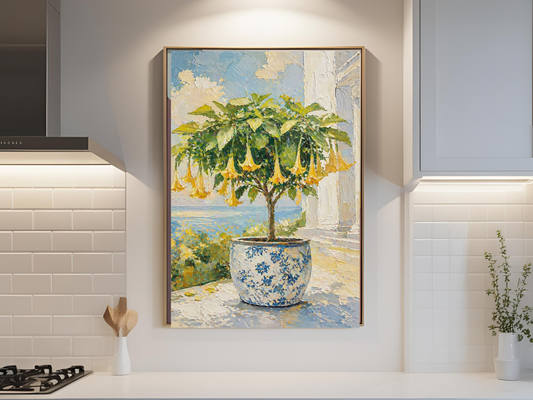 Yellow Trumpet Flowering Tree Art Print Rolled Poster | Blue Chinoiserie Pot | Flowering Tree Print