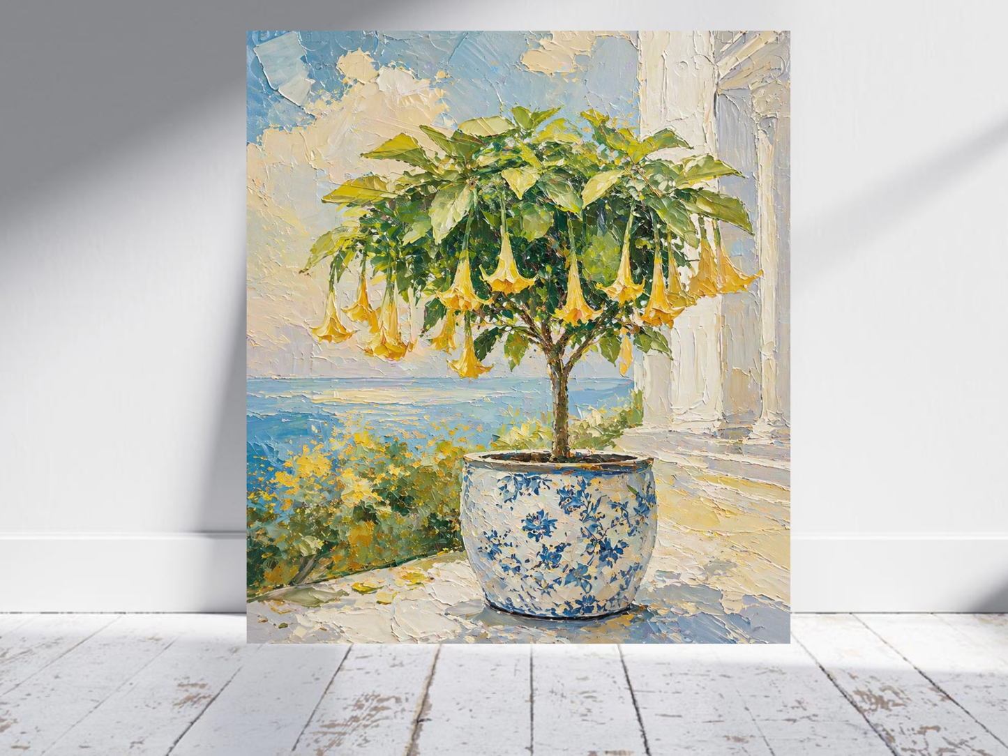 Yellow Trumpet Flowering Tree Art Print Rolled Poster | Blue Chinoiserie Pot | Flowering Tree Print