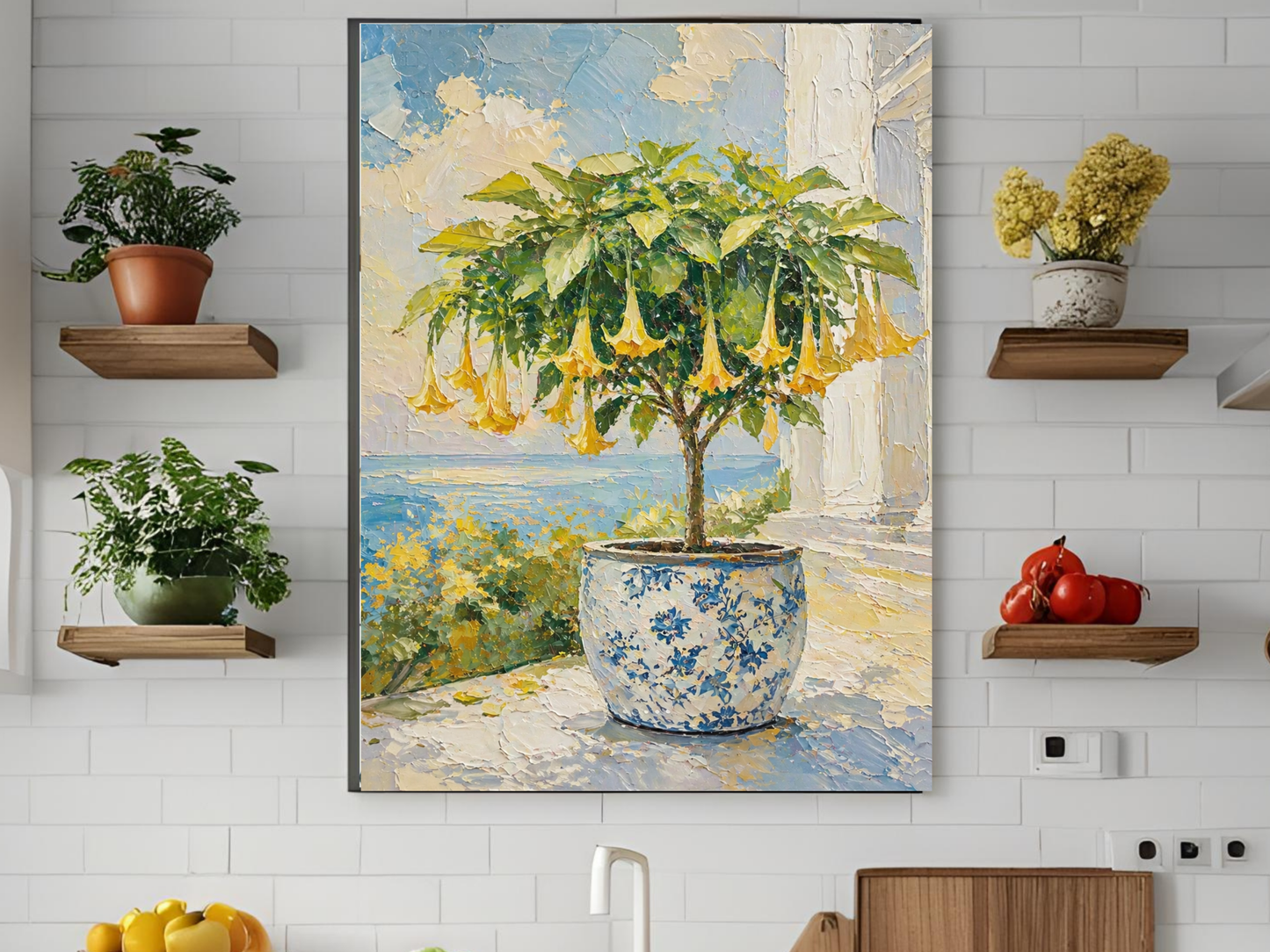 Yellow Trumpet Flowering Tree Art Print Rolled Poster | Blue Chinoiserie Pot | Flowering Tree Print