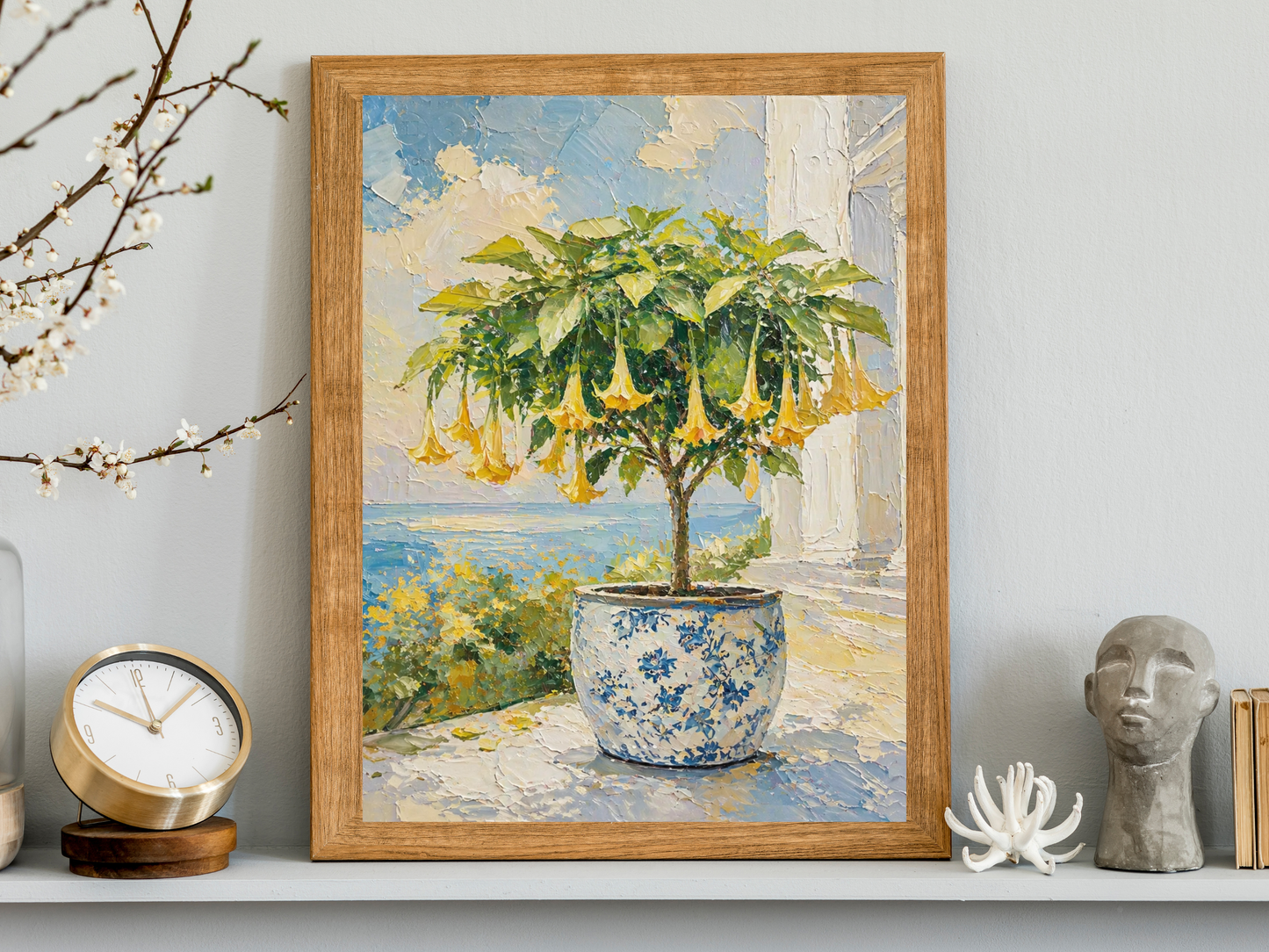 Yellow Trumpet Flowering Tree Art Print Rolled Poster | Blue Chinoiserie Pot | Flowering Tree Print