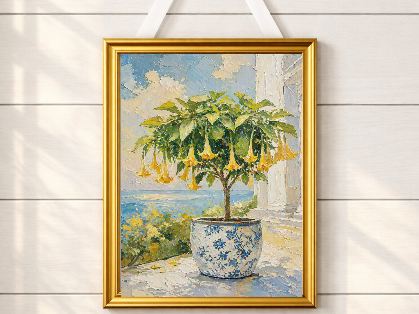 Yellow Trumpet Flowering Tree Art Print Rolled Poster | Blue Chinoiserie Pot | Flowering Tree Print