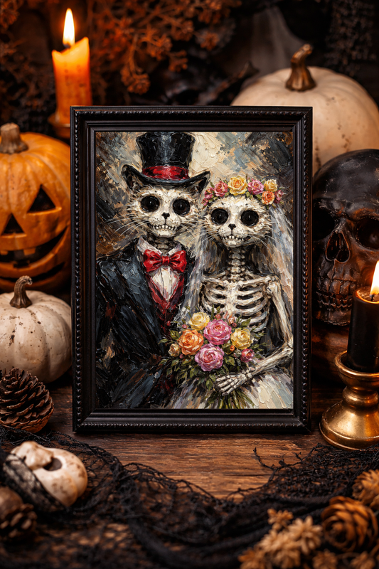 Cat Skeleton Print Rolled Poster Oil Painting Print Skeleton Couple Macabre Cat Design Dark Wedding Decor Skeleton Halloween Wedding Gift