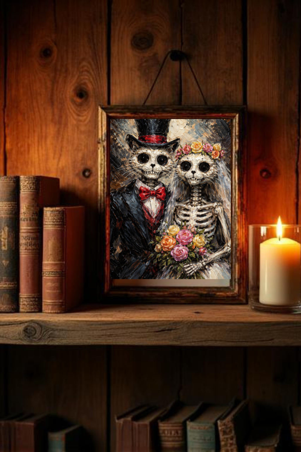 Cat Skeleton Print Rolled Poster Oil Painting Print Skeleton Couple Macabre Cat Design Dark Wedding Decor Skeleton Halloween Wedding Gift