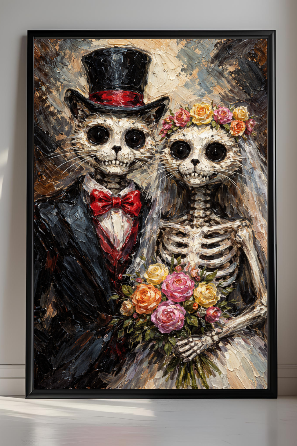 Cat Skeleton Print Rolled Poster Oil Painting Print Skeleton Couple Macabre Cat Design Dark Wedding Decor Skeleton Halloween Wedding Gift