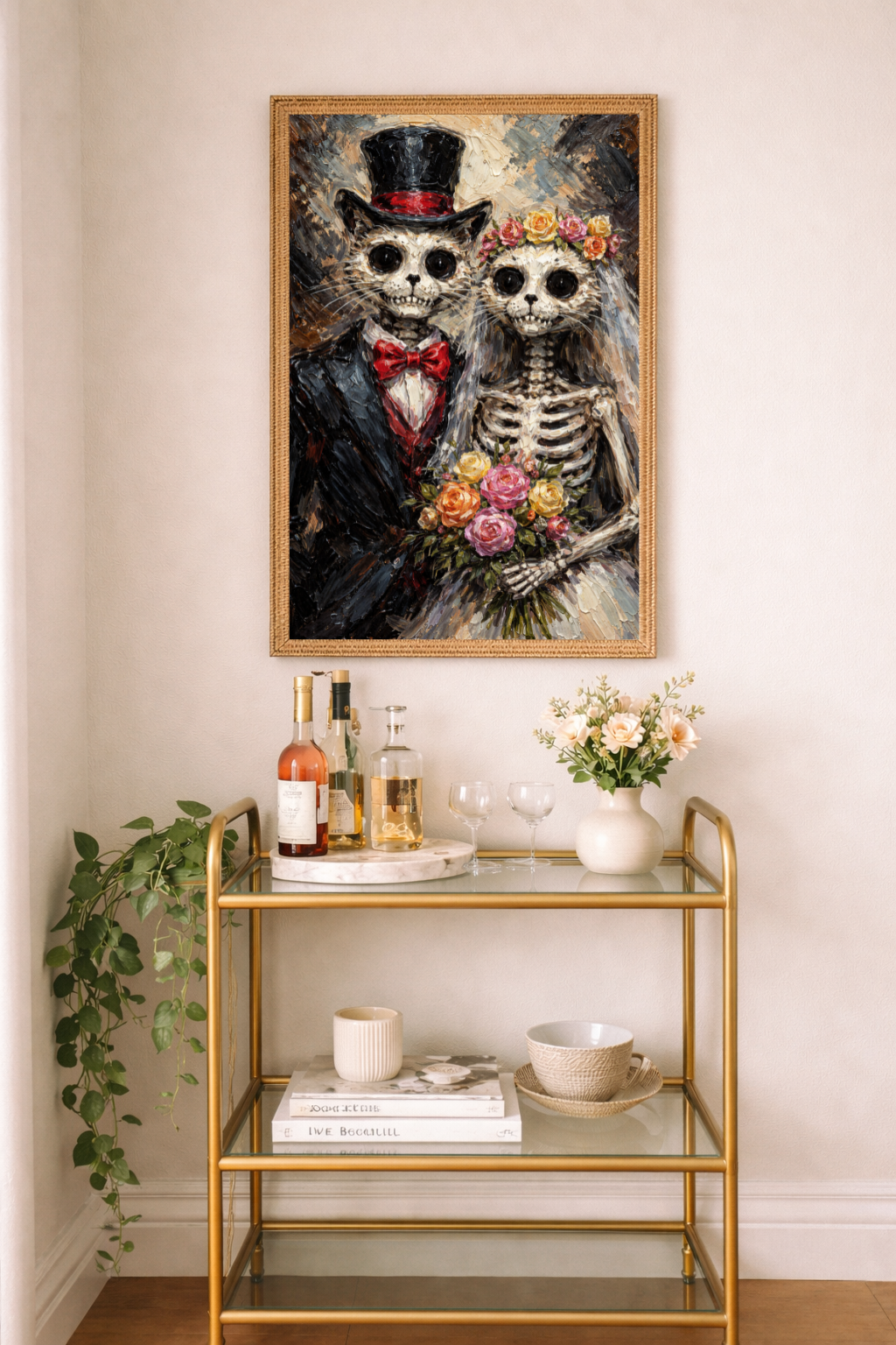 Cat Skeleton Print Rolled Poster Oil Painting Print Skeleton Couple Macabre Cat Design Dark Wedding Decor Skeleton Halloween Wedding Gift