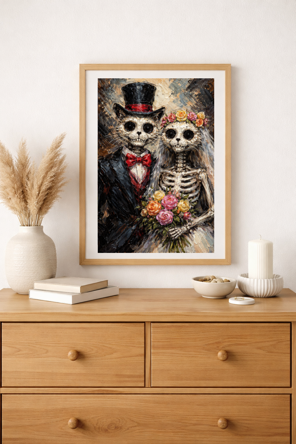 Cat Skeleton Print Rolled Poster Oil Painting Print Skeleton Couple Macabre Cat Design Dark Wedding Decor Skeleton Halloween Wedding Gift