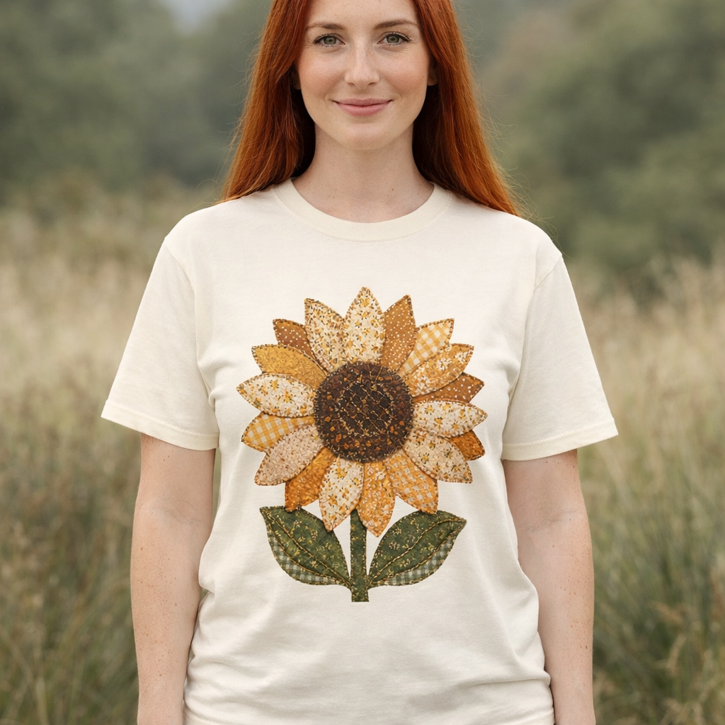Comfort Colors Printed Faux Quilted Sunflower Shirt, Flower Print Shirt, Woman Garden Shirt, Fancy Sunflower Shirt, Floral Tee