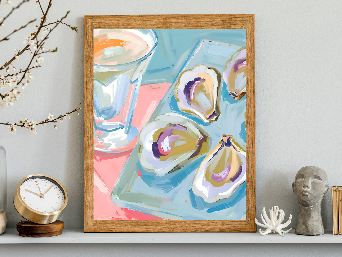 Blue Oyster Print, Coastal Oyster Print, Oyster Art Print, Oyster Wall Print, Oyster Shell Print, Watercolor Oyster Print, Pink Oyster