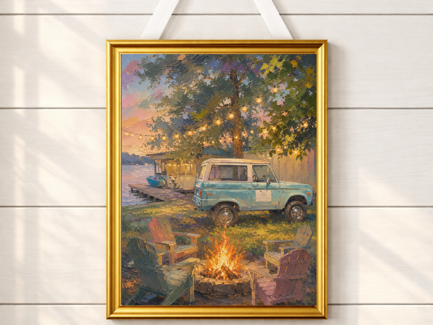 Summer Lake Home Oil Painting Print Cozy Cabin Art Print Lake House Bonfire Bronco Summer Vacation Art Print Cabin Decor Gallery Wall Art