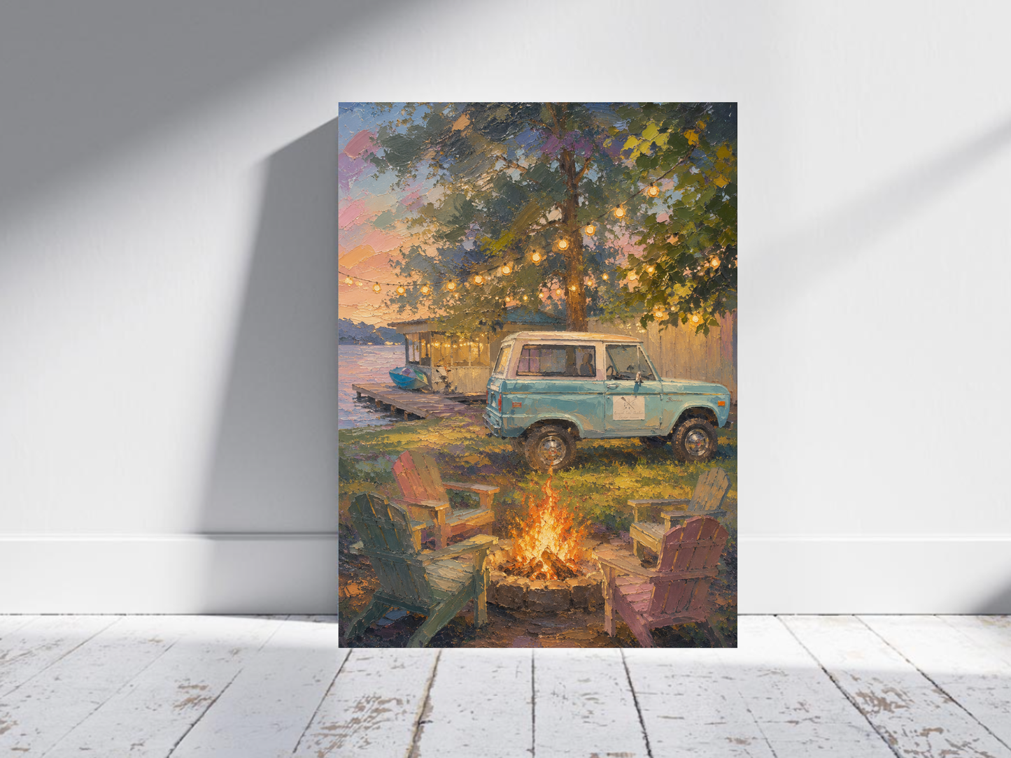 Summer Lake Home Oil Painting Print Cozy Cabin Art Print Lake House Bonfire Bronco Summer Vacation Art Print Cabin Decor Gallery Wall Art