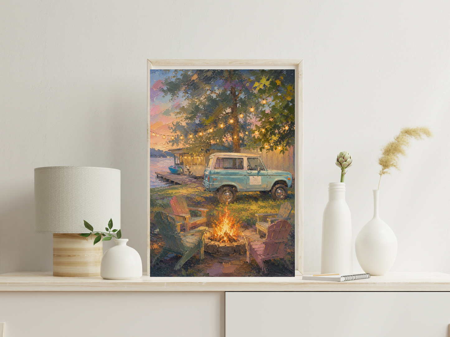 Summer Lake Home Oil Painting Print Cozy Cabin Art Print Lake House Bonfire Bronco Summer Vacation Art Print Cabin Decor Gallery Wall Art