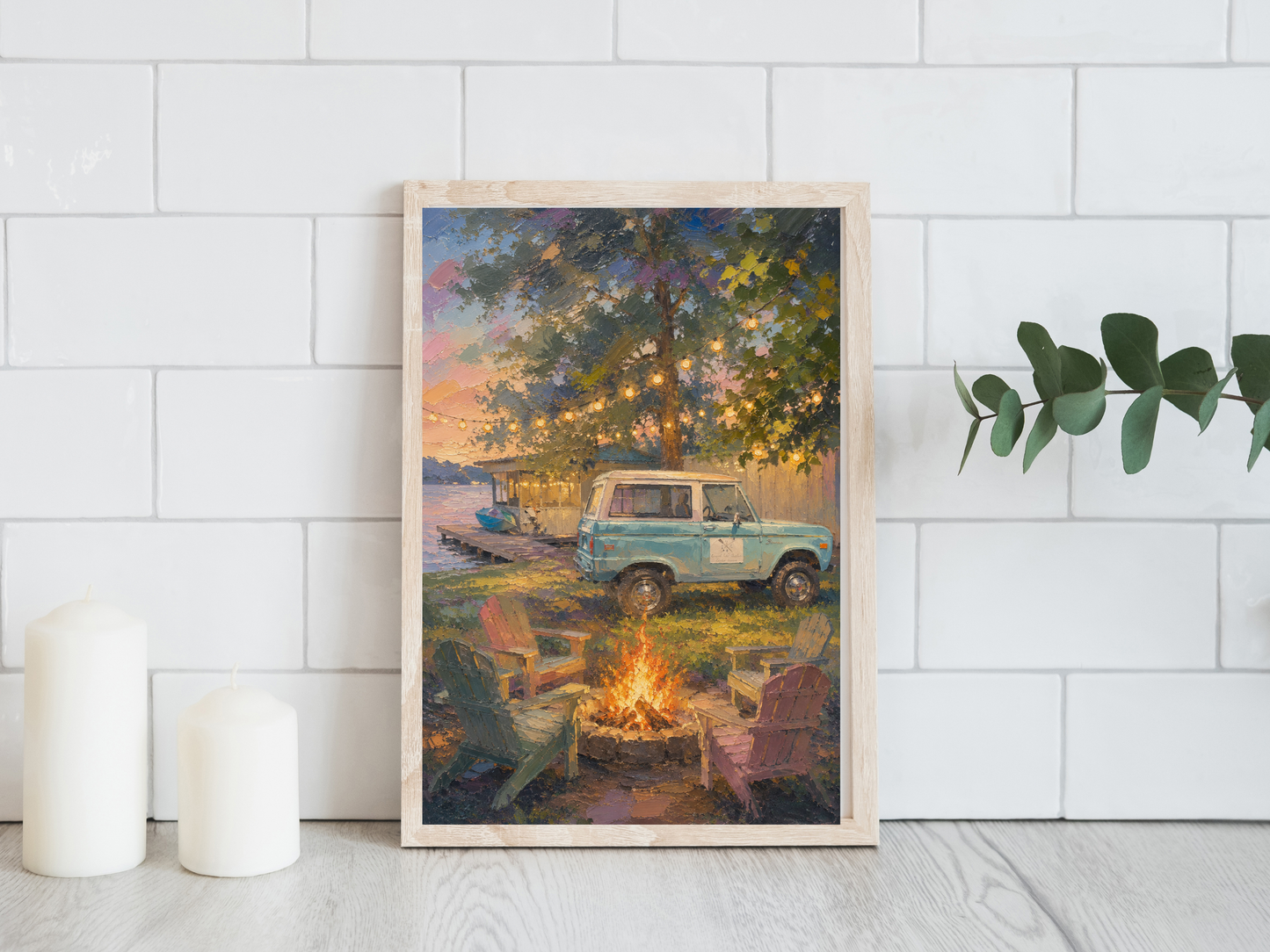 Summer Lake Home Oil Painting Print Cozy Cabin Art Print Lake House Bonfire Bronco Summer Vacation Art Print Cabin Decor Gallery Wall Art