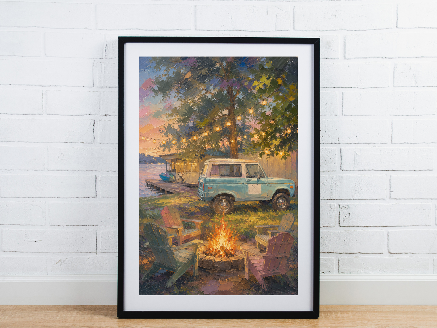 Summer Lake Home Oil Painting Print Cozy Cabin Art Print Lake House Bonfire Bronco Summer Vacation Art Print Cabin Decor Gallery Wall Art
