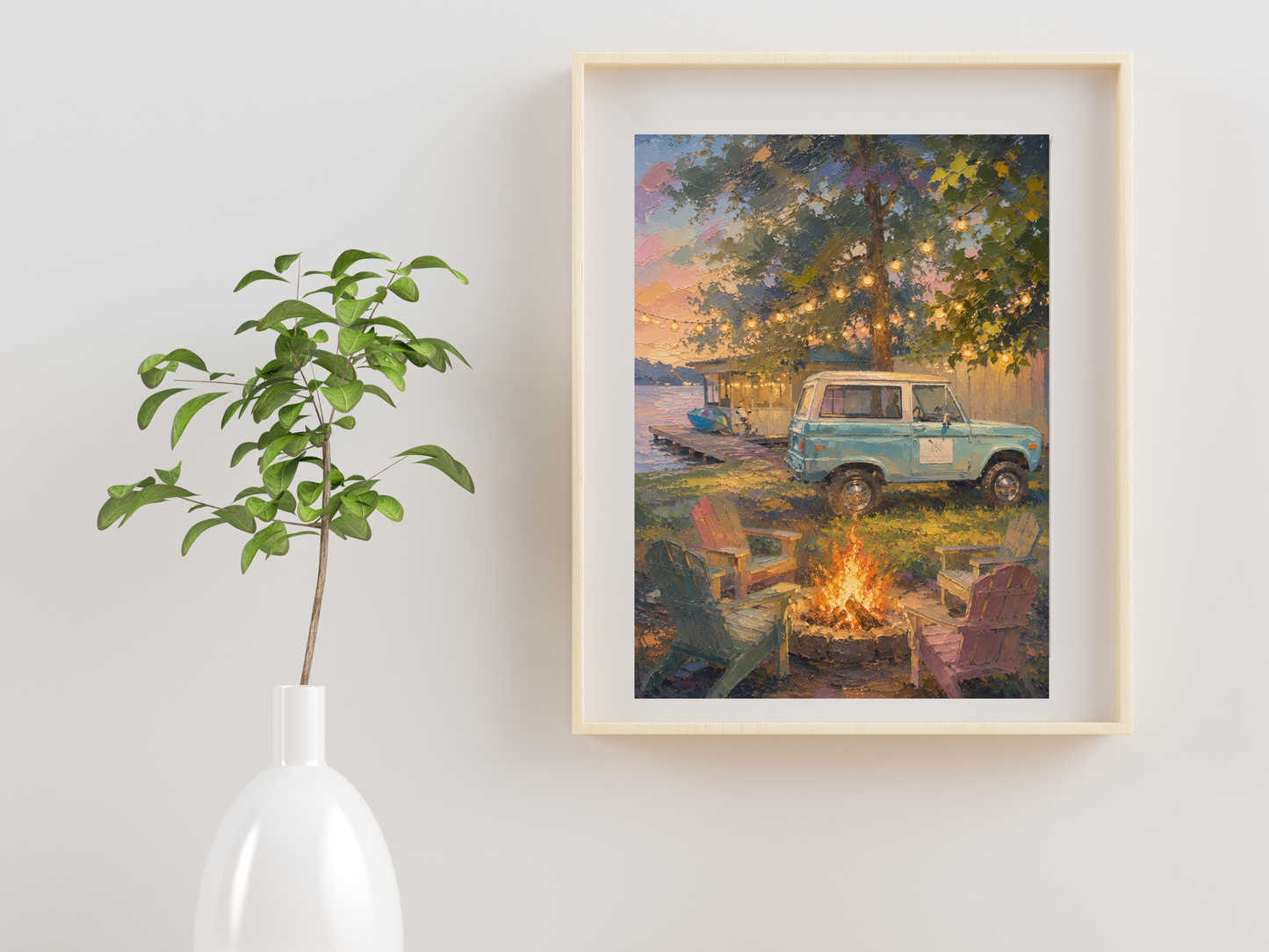Summer Lake Home Oil Painting Print Cozy Cabin Art Print Lake House Bonfire Bronco Summer Vacation Art Print Cabin Decor Gallery Wall Art