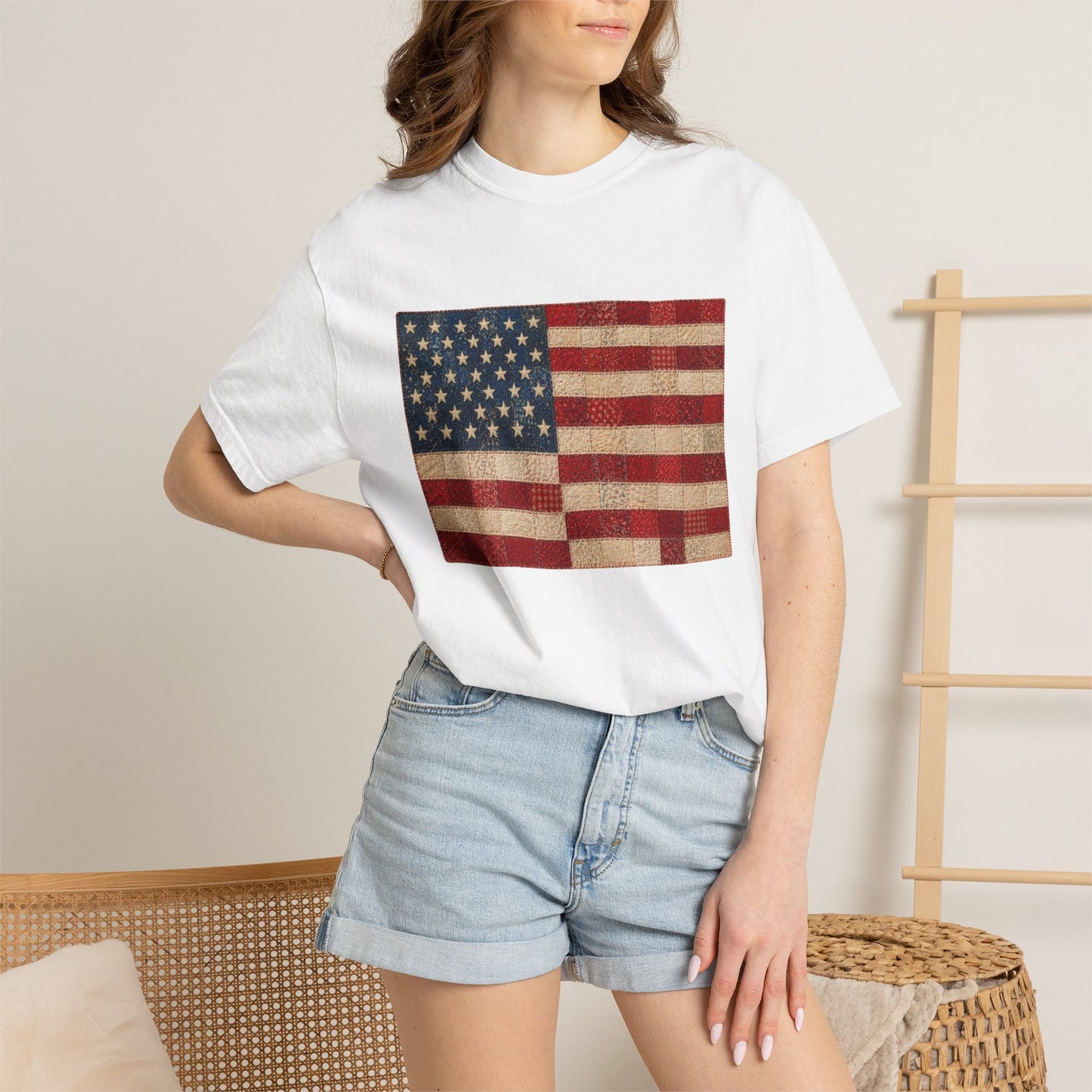 Comfort Colors Printed Faux Quilted Flag Shirt USA Graphic Shirt Red White Blue Tee America 250 Shirt
